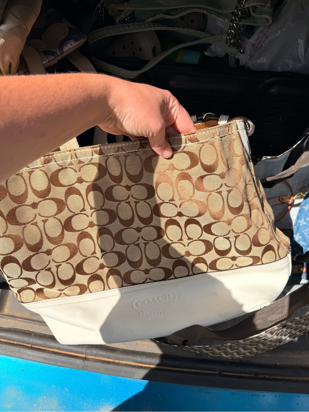 Coach Brown Signature Canvas Shoulder Bag with White Trim
